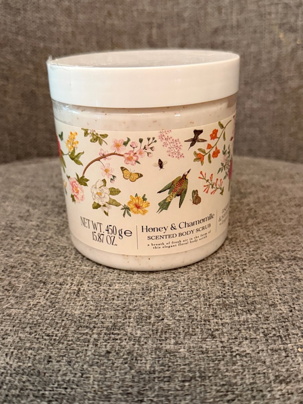 Honey & Chamomile Scented Body Scrub - White Jar